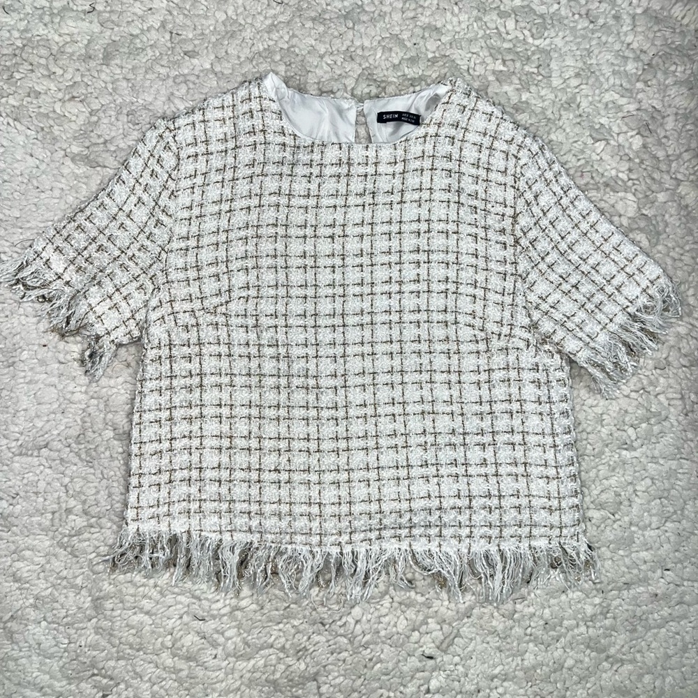 Tweed White and Gold Frayed Trim Top
